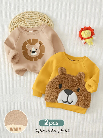 Kit com 2 Moletons para Bebê Bichinhos · Leão bege e urso amarelo 