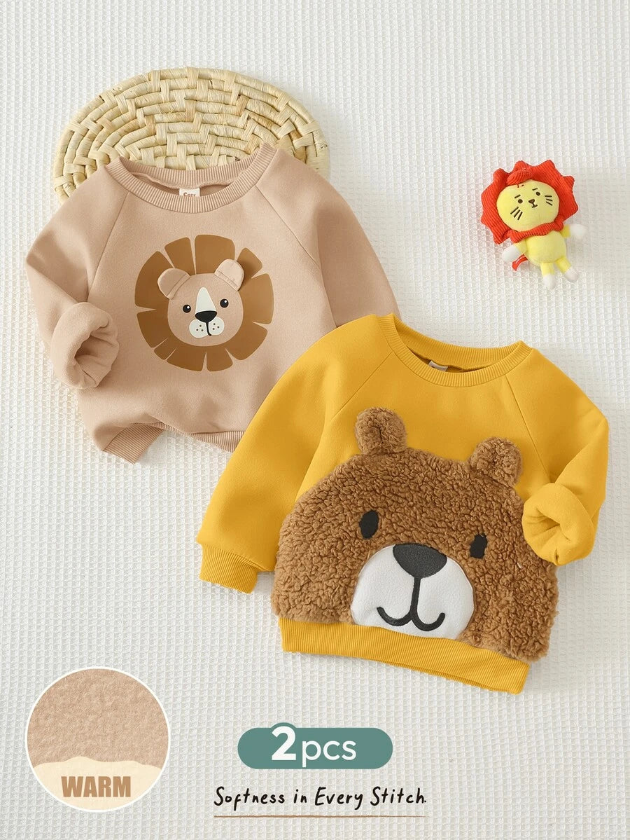 Kit com 2 Moletons para Bebê Bichinhos · Leão bege e urso amarelo 