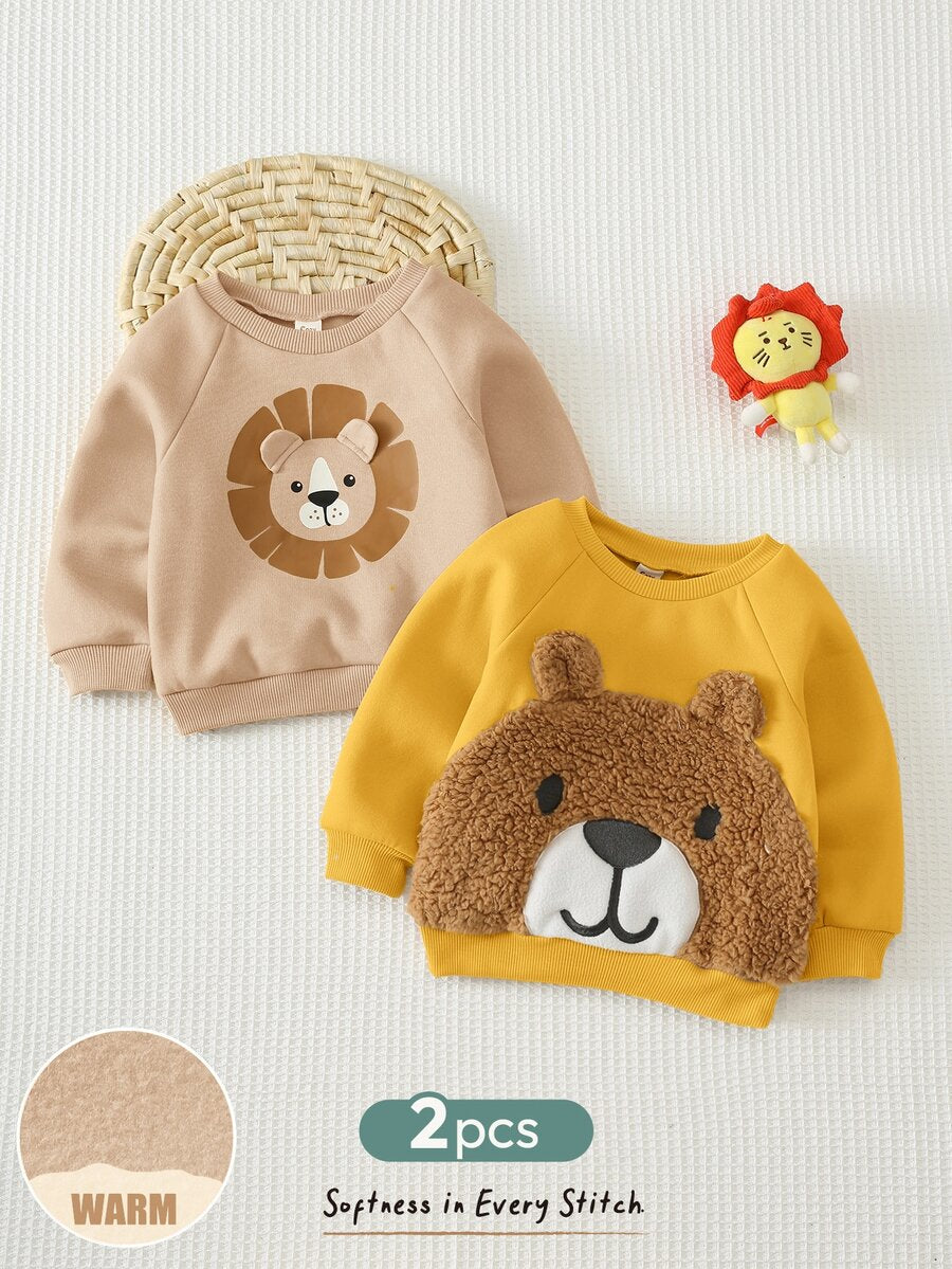 Kit com 2 Moletons para Bebê Bichinhos · Leão bege e urso amarelo 