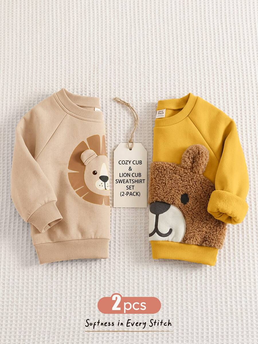 Kit com 2 Moletons para Bebê Bichinhos · Leão bege e urso amarelo #modelo_leao-bege-e-urso-amarelo