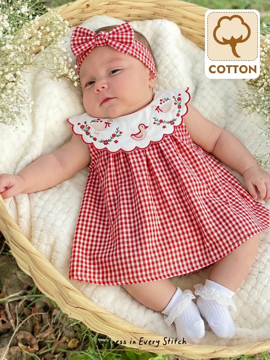 Vestido para bebê com gola bordada · Xadrez vermelho 