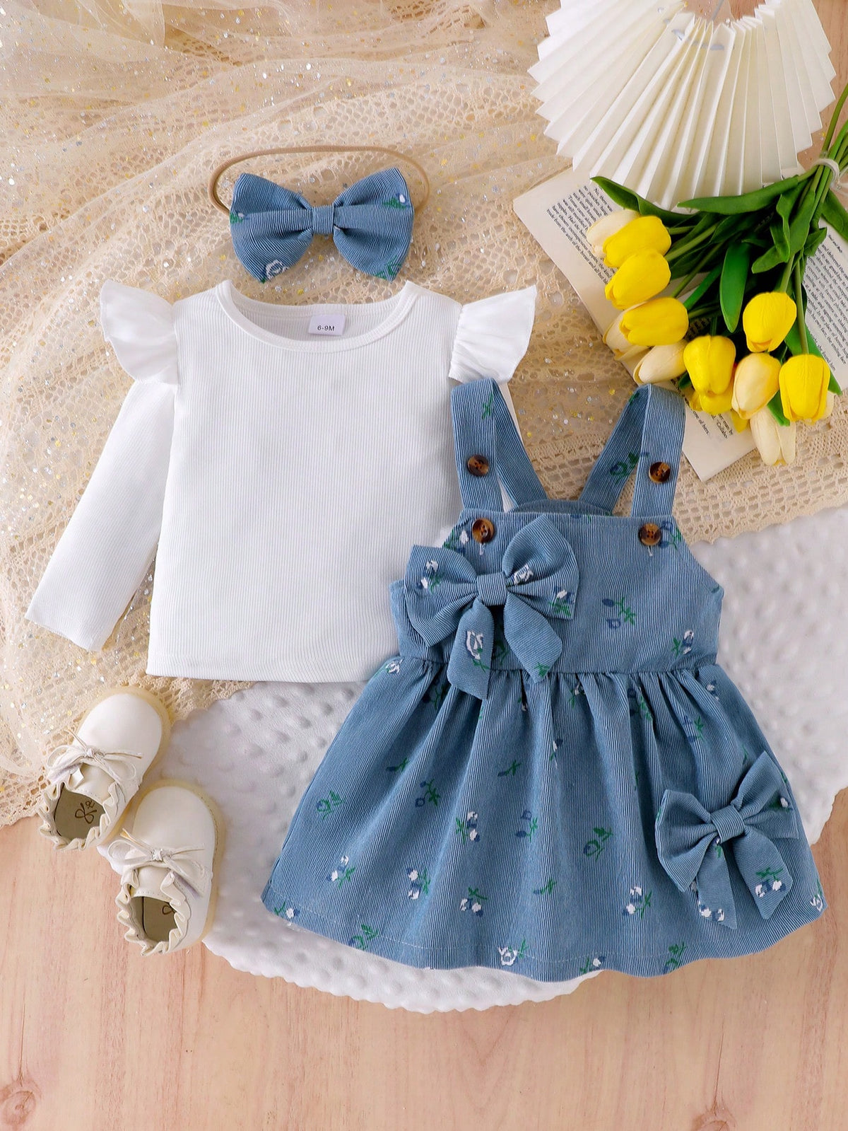 3 Peças/Conjunto Camiseta de Manga Longa com Manga Flare Casual de Cor Sólida para Menina Bebê e Vestido (Cópia)
