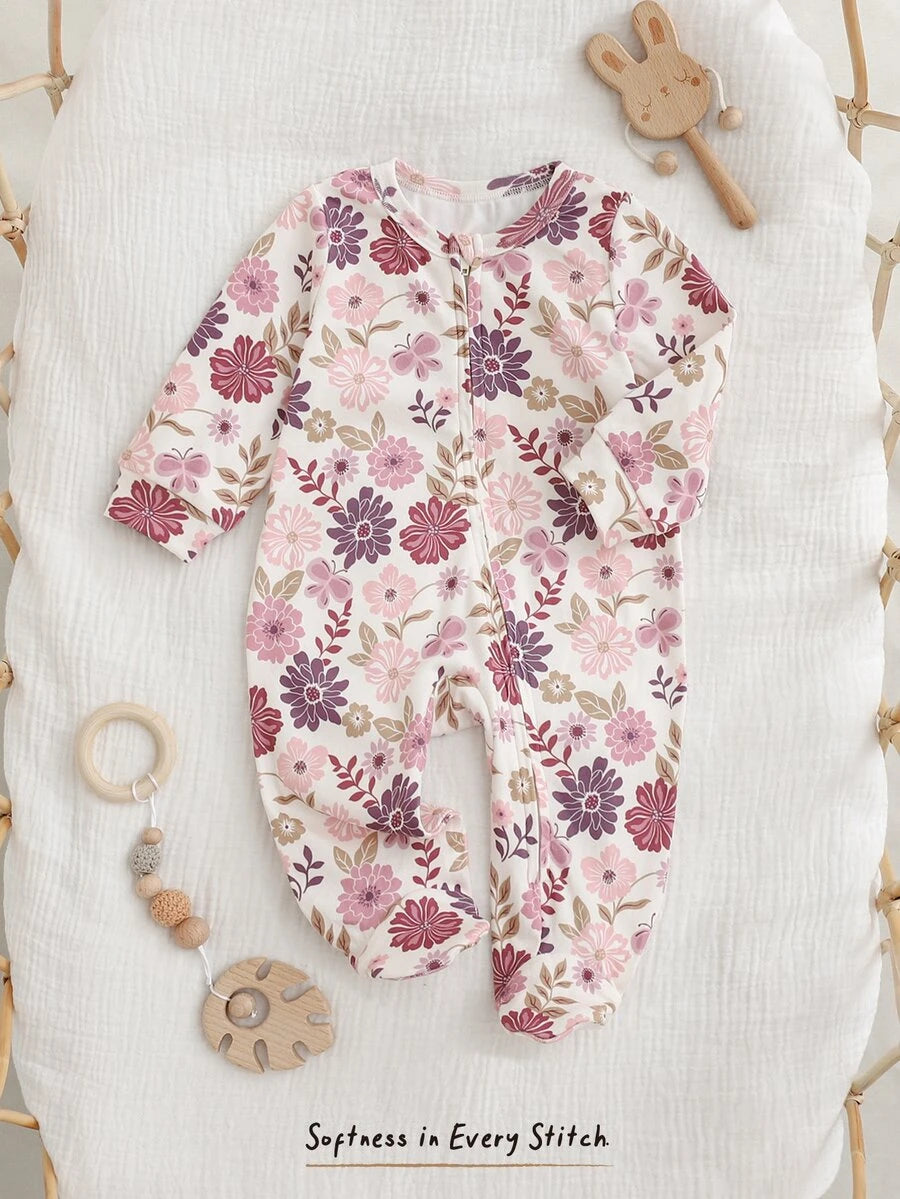 Macacão com pezinhos e zíper para bebê · Floral lilás 