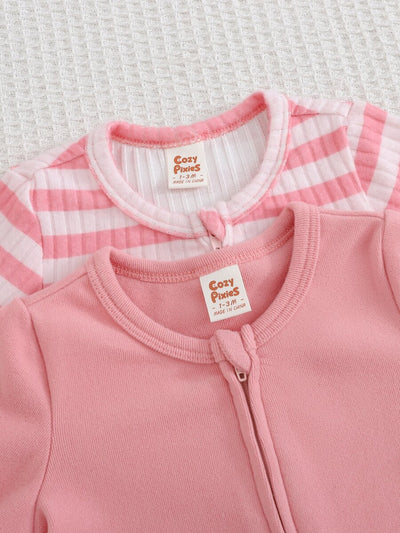 Kit com 2 macacões com pezinhos · Patinho e listras rosa 
