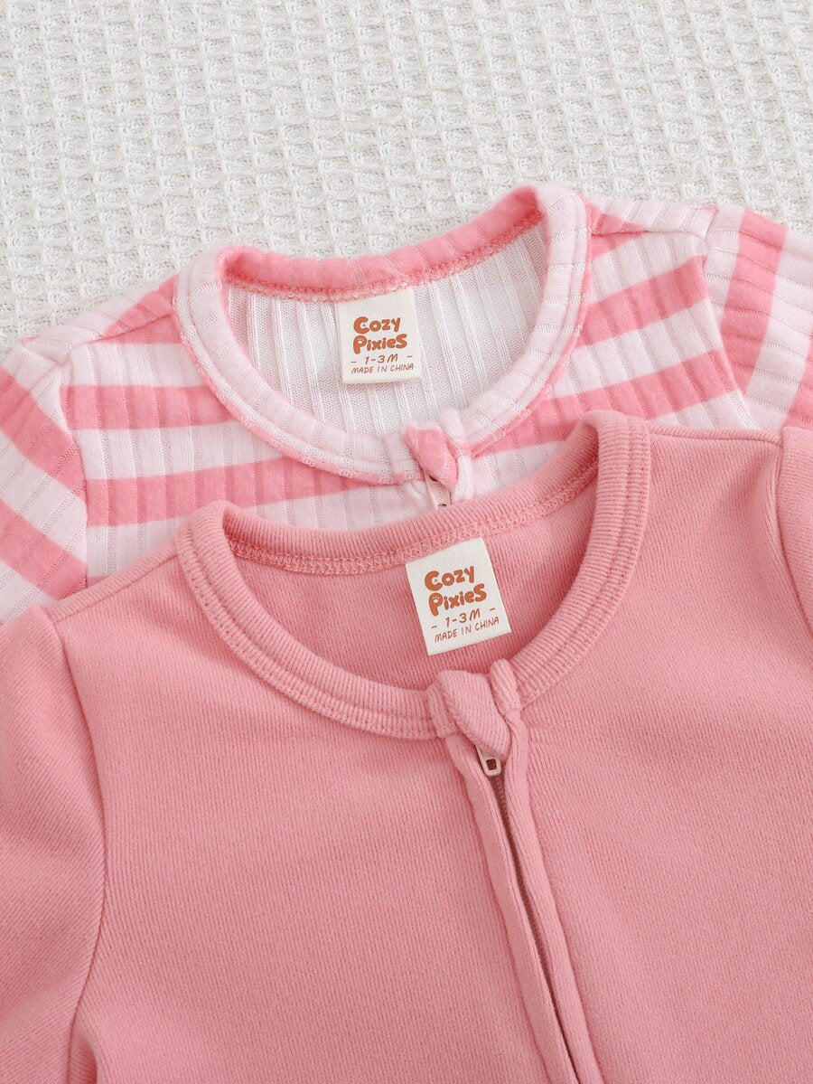 Kit com 2 macacões com pezinhos · Patinho e listras rosa 