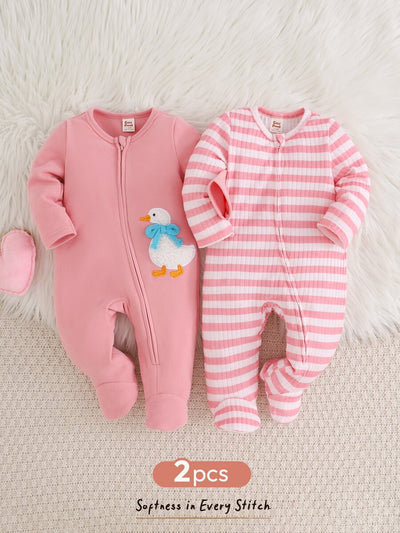 Kit com 2 macacões com pezinhos · Patinho e listras rosa 