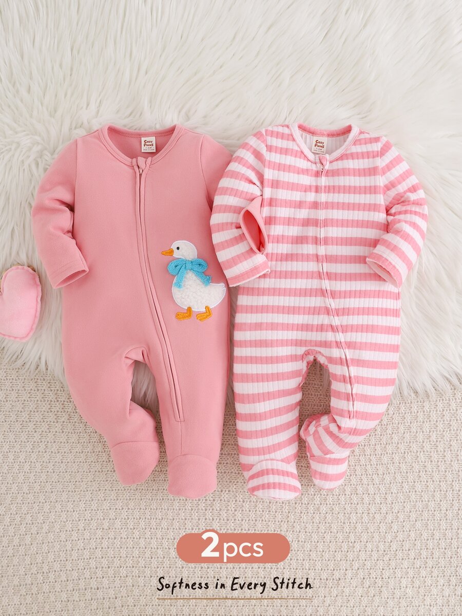 Kit com 2 macacões com pezinhos · Patinho e listras rosa 