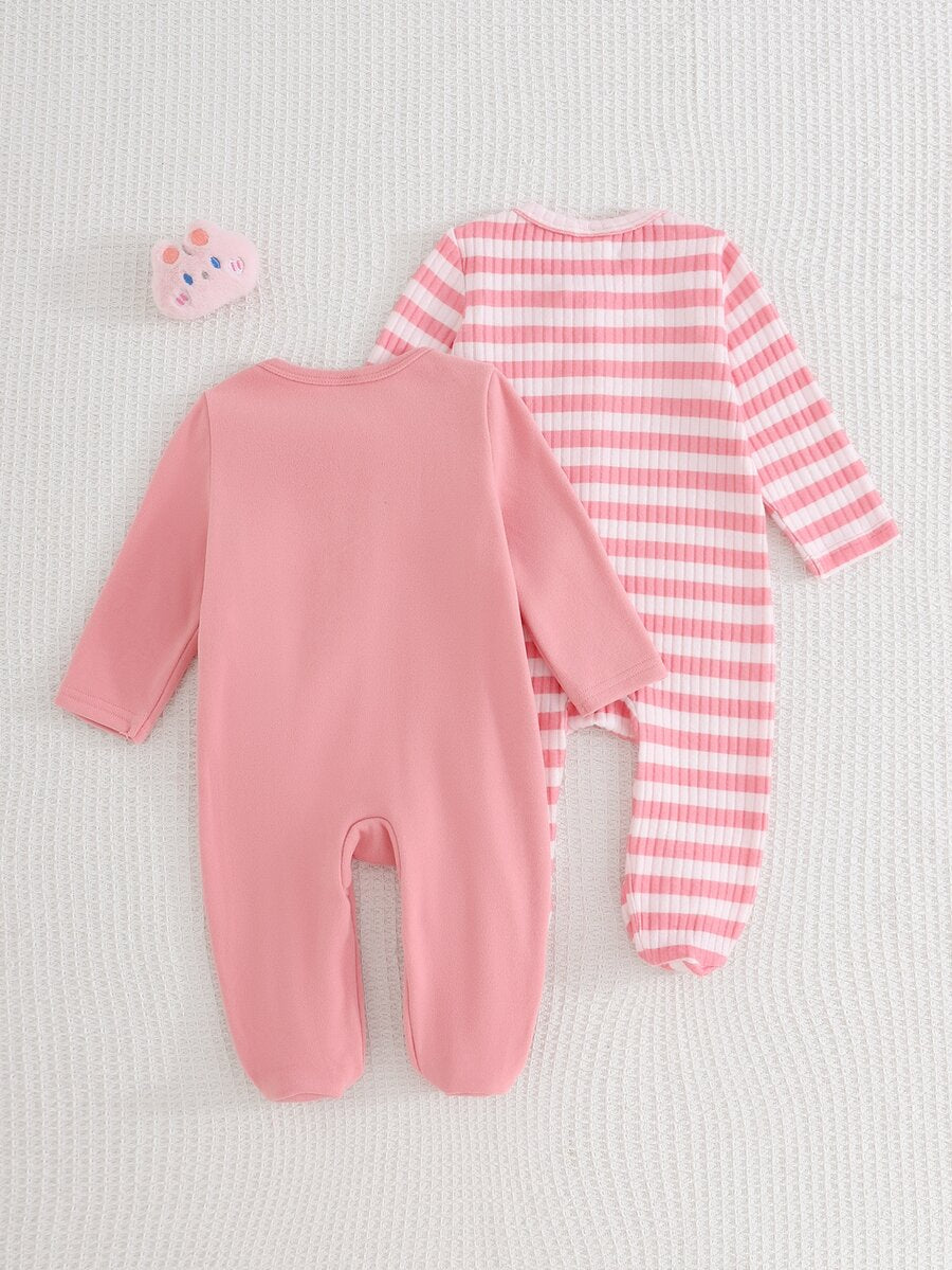 Kit com 2 macacões com pezinhos · Patinho e listras rosa 