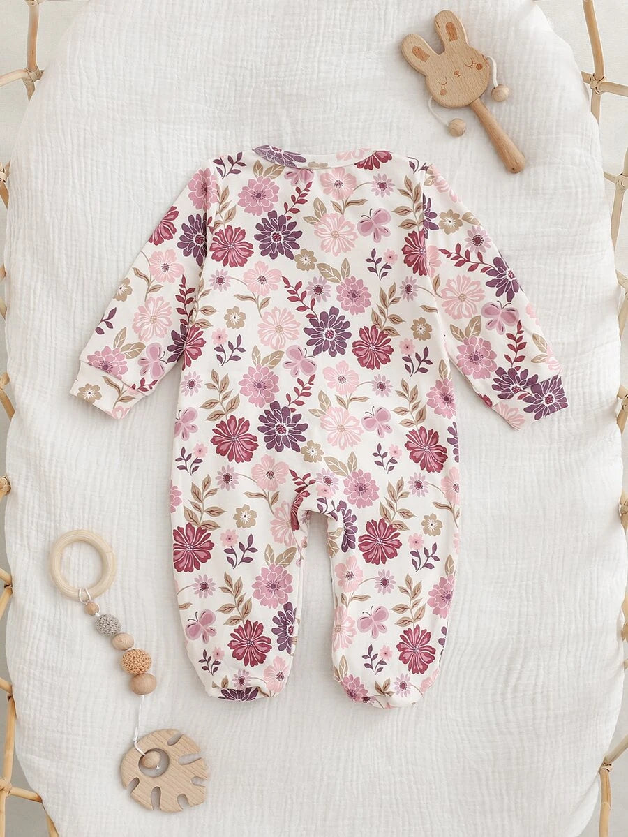 Macacão com pezinhos e zíper para bebê · Floral lilás #modelo_floral-lilas
