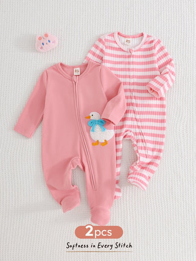 Kit com 2 macacões com pezinhos · Patinho e listras rosa 