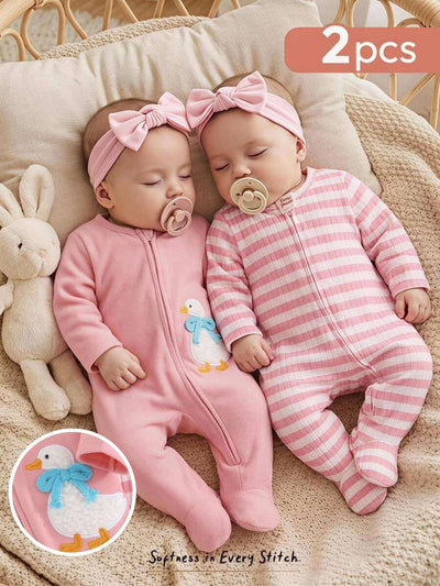 Kit com 2 macacões com pezinhos · Patinho e listras rosa 