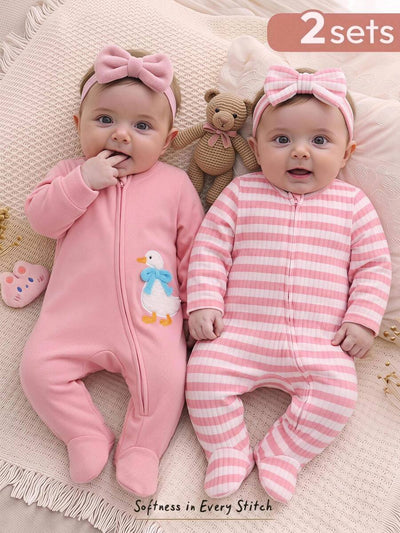 Kit com 2 macacões com pezinhos · Patinho e listras rosa 